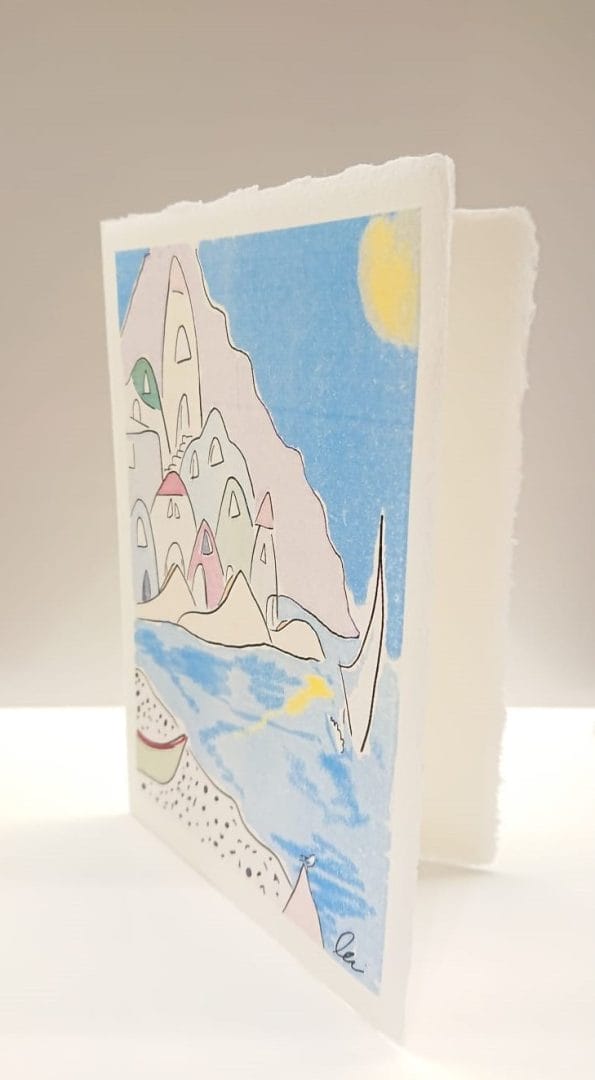 Atrani by sailboat Folding postcard in ivory Amalfi paper with illustration in Vietri ceramic style of the seaside village of Atrani.