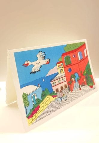 Cartolina in carta di Amalfi con illustrazione c'era una volta Ravello in stile ceramica vietrese del panorama di Ravello.