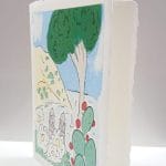 Amalfi paper postcard with illustration of Ravello panorama in Vietri ceramic style.