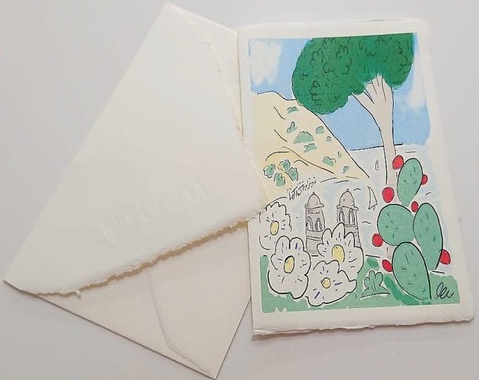 Cartolina in carta di Amalfi con immagine illustrata del panorama classico di Ravello.