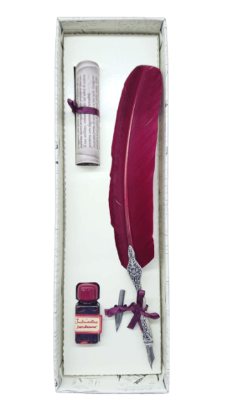 Penna con piuma rossa per uso calligrafico con inchiostro dello stesso colore