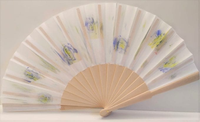 Hand marbled wedding fan. Blue and yellow color.