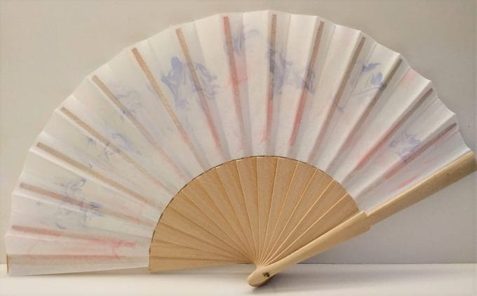 Hand marbled wedding fan. Color: pink and blue
