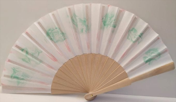 Hand painted wedding fan. Red and green color