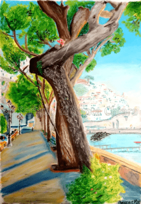 Oil painting on paper of Amalfi - Title: Good morning Amalfi - Author: Andrea Pascucci