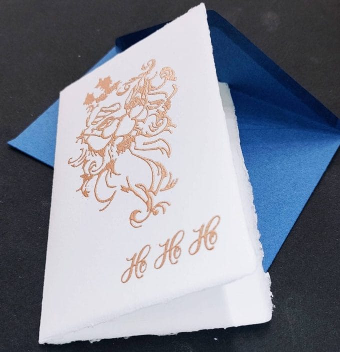 Christmas cards: Santa Claus Christmas cards with gold embossed decorations on Amalfi paper.
