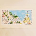 Illustrazione d'arte di un positano e il suo panorama realizzata con tecniche miste su carta di Amalfi da Lo Scrigno di Santa Chiara