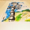 Dettaglio dell'illustrazione artistica con lampione in primo piano e paesaggio sullo sfondo
