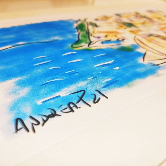 Dettaglio dell'illustrazione artistica Summer in Positano con in primo piano la firma dell'autore