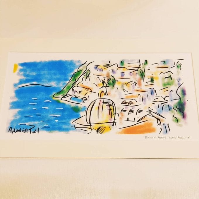 Collezione d'arte de Lo Scrigno di Santa Chiara. In questo dipinto รจ rappresentato un panorama della cittadina costiera Positano.