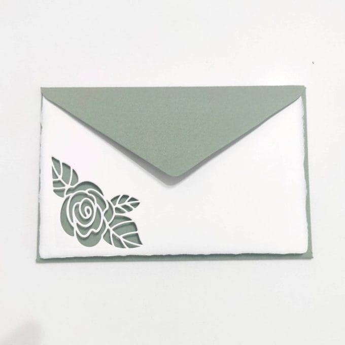 Folding cards with perforated rose and green Amalfi paper envelopes