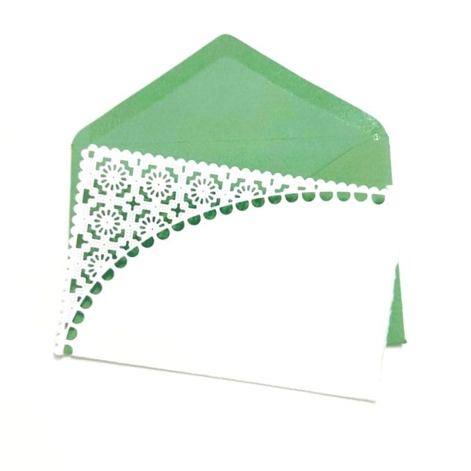 Cards with fretwork lace and colored envelopes in Amalfi paper.
