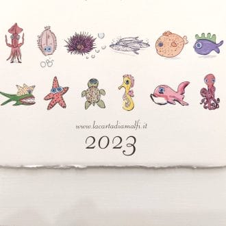 Collage of the 12 artistic illustrations featured within the 2023 Amalfi paper wall calendar.