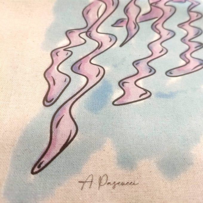 Detail of the artist's signature featured on the tote bag "The Medusa"